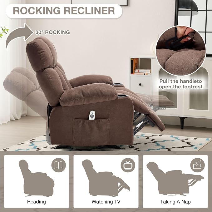 Massage Rocker Recliner Chair with Heat and Vibration Ergonomic Rocking Lounge Chair for Living Room Comfy Overstuffed Recliner with 4 Side Pockets,2 Cup Holders, Brown