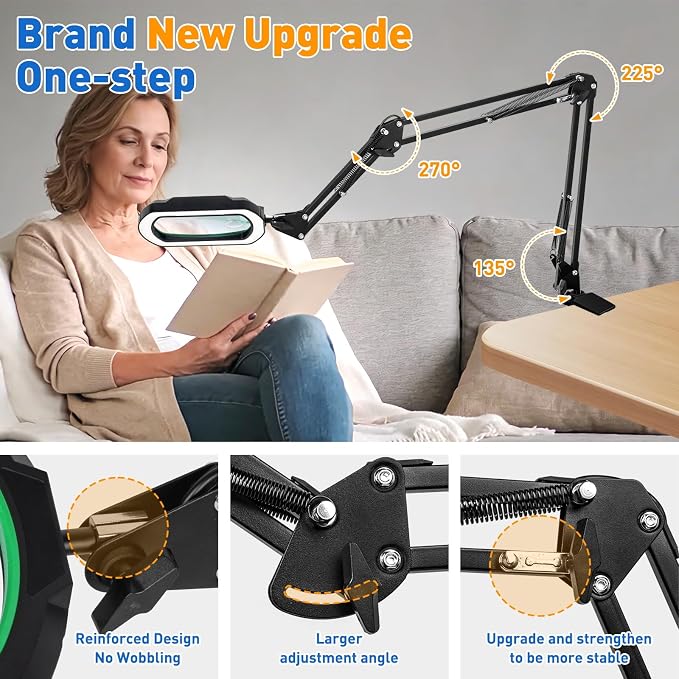 12X 30X Square 3-Section Magnifying Glass with Light and Clamp-Green | 5 Color Mode & Stepless Dimming LED Lamp, Ultra Long Hands-Free Lighted Magnifier for Workbench Reading Craft Hobby Sewing