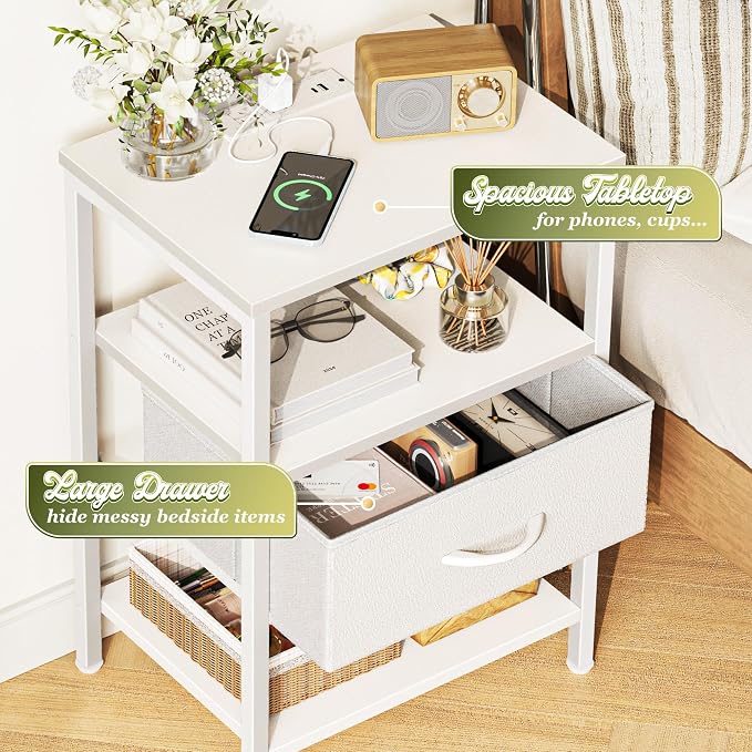 SUPERJARE Nightstand Set of 2 with Charging Station, USB-C Port, End Tables | Night Stand for Bedroom, with Adjustable Fabric Drawer, 3-Tier Storage Bedside Tables for Living Room, White