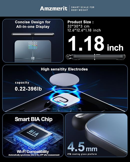 Smart Scale for Body Weight, 8-Electrode Larger Platform Digital Scale for Weight Fat BMI 50 Body Composition Measurement, Bluetooth & Wi-Fi Digital Bathroom Scale, Rechargeable, Dark Blue