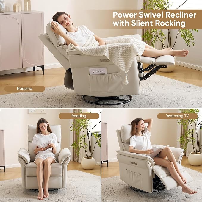 Power Nursery Recliner with Auto Rocking,Oversized Swivel Rocker Recliner with Massage and Heat,Glider Recliner Nursery Chair with Adjustable Headrest for Living Room and Bedroom,Faux Leather，Beige