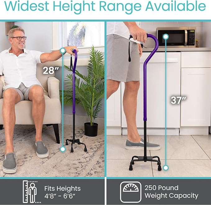 Vive Quad Cane - Walking Stick for Men and Women - Lightweight Adjustable Staff - Comfortable Right and Left Hand Grip for Stability Support - Four Prong Sturdy Aluminum Travel Aid - 4 Tip