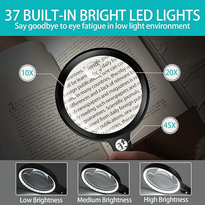 Large Magnifying Glass with 37 LED Light and Case, 10X 20X 45X Handheld Illuminated Lighted Magnifier with 3 Light Modes Rechargeable Magnifying Glass for Seniors Reading, Inspection (Black & White)