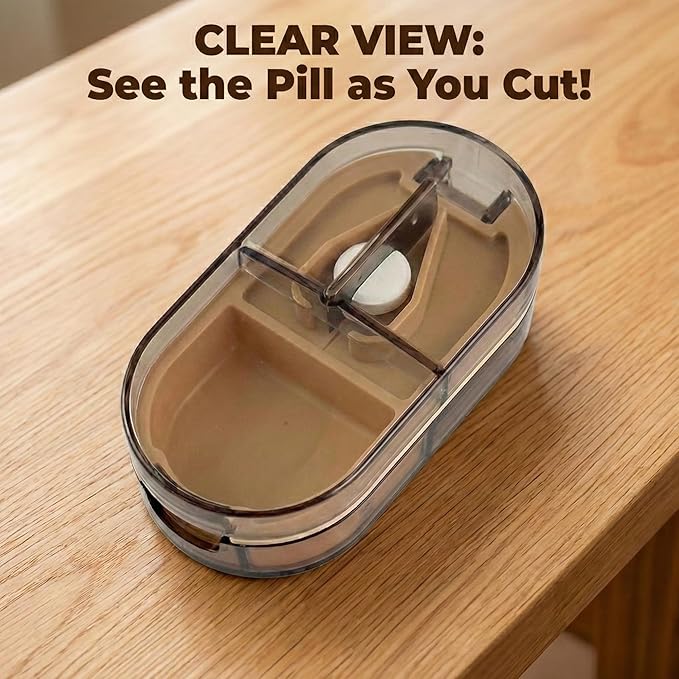 2 Pack Pill Splitter for Small & Large Pills – Professional Pill Cutter with Clear Cover & V-Grip Centering Device – Precise 1/2 & 1/4 Cuts for Oblong, Oval & Round Tablets (Gray & Brown)