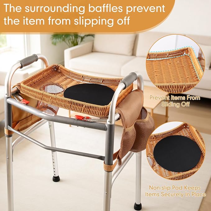 Handwoven Rattan Walker Tray for Folding Walker, Tray for Walker for Seniors Detachable with Cup Holder,Walker Accessories for Elderly,Tray Table Fits Most Standard Walkers (Brown)