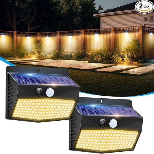 2 Pack Solar Lights Outdoor Motion Sensor with 3 Lighting Modes | Warm White, Black, Waterproof, LED, Solar Powered, Security, Outside, Wall, Garden, Fence, Yard, Deck, Patio, Garage