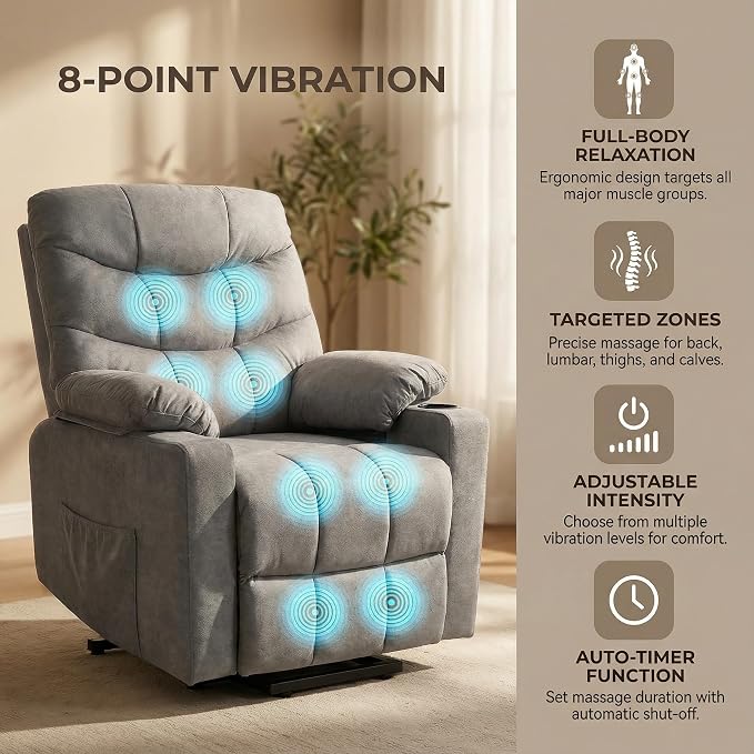 Electric Power Lift Recliner Chair for Elderly, Lift Recliner Chair with Massage and Lumbar Heat, 150° Reclining Chair with Cup Holders, Side Pockets and Remote Control, Ideal for Living Room (Grey)