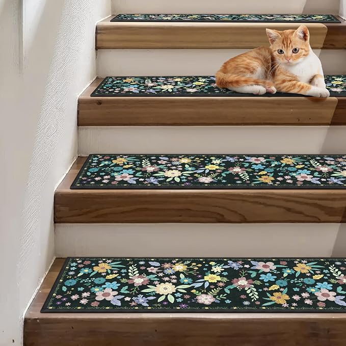 sarben 8"x30" Non Slip Stair Treads for Wooden Steps 15 Pack, Black Floral | Peel and Stick Carpet Stair Runner with TPE Adhesive Backing, Carpet for Added Safety, Pet and Senior Friendly