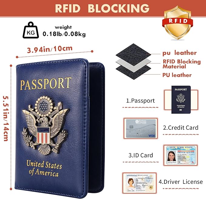 Passport Holder and Card Slot Combo RFID Blocking Leather Family Travel Passport Wallet Travel Accessories for Men Women(Light blue)