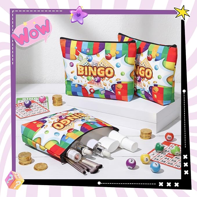 12 Pcs Bingo Gifts Makeup Bags Bingo Game Lover Gifts Travel Zipper Pouch for Seniors Mom Grandma Women Players