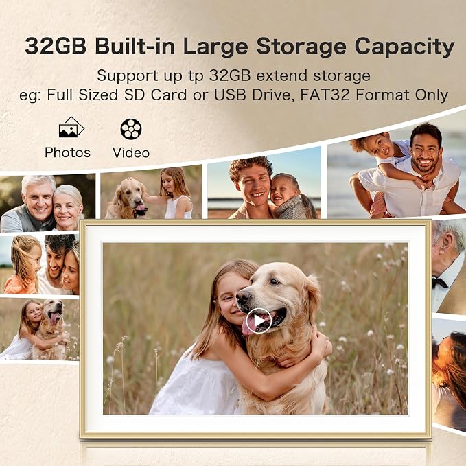Frameo 15.6 inch Digital Picture Frame, Large Digital Photo Frame WiFi, 32GB Capacity, 1920 * 1080 IPS FHD Touch Screen, Electronic Picture Frame Slideshow, Wall-Mounted, Gifts for Mom, Women, Golden