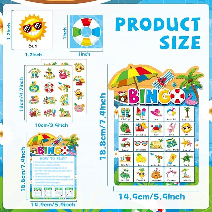 39Pcs Pool Party Bingo Game for Adults Kids 24 Players Summer Party Bingo Game Cards with Reward Stickers for Family Friend Student Large Group Activities Hawaiian Tropical Beach Parties Supply Favors