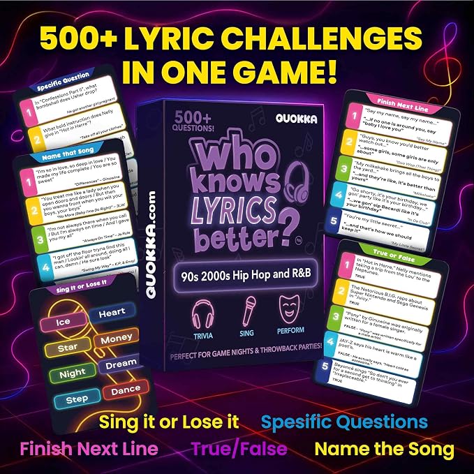 QUOKKA Who Knows Lyrics Better 500+ Lyric Challenges – 90s & 2000s Hip-Hop & R&B Edition – Ultimate Music Trivia & Singing Game for Adults & Families – Fun Karaoke & Party Game Night for Music Lovers