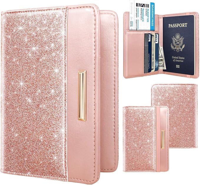Coco Rossi Passport Holder for Travel Women Slim RFID Passport Cover Wallet | Travel Essentials, Passport Book Holders, Passport Wallet Cover Case, PU Leather, Cute, Thin, Spliced Design, Glitter Rose