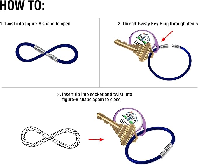 Lucky Line 5” Twisty Lock Key Ring, Flexible Nylon Coated Steel Wire Loop, Corrosion-Resistant and Durable, Blue, 5 Pack (8113005)