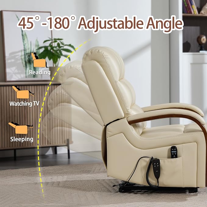 Power Lift Recliner Chair for Elderly, Dual Motor Lift Chair with Vibration Massage and Lumbar Heat, Lay Flat Recliner with Solid Wood Armrest, Standing Assistance Reclining, Faux Leather Beige