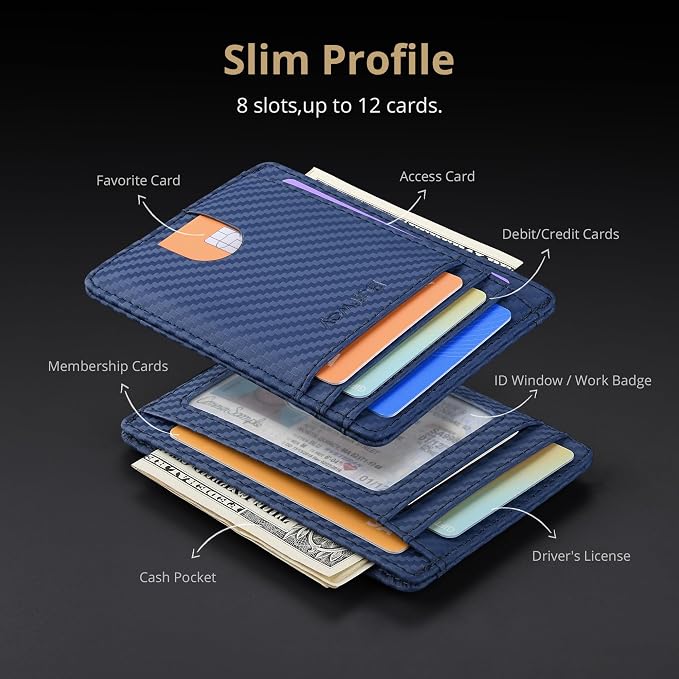 Buffway Slim Minimalist Front Pocket RFID Blocking Leather Wallets for Men and Women - Carbon Fiber Blue