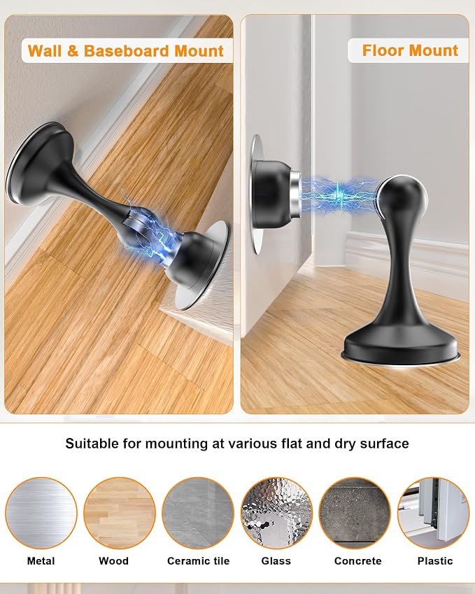 Crosize Magnetic Door Stoppers 6 Pack, Stainless Steel Door Stops for Wall and Floor Mounting, Door Holder Keep Door Open, No Drilling Door Stop with 3D Adhesive Tapes, Black