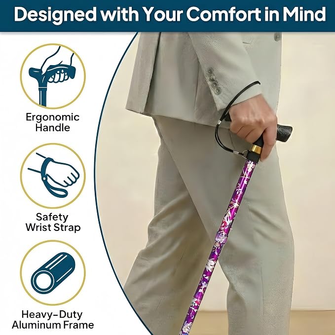 Walking Cane with LED Light, Foldable,Adjustable, Self Standing Walking Canes for Men & Women,Walking Sticks with Quad Base for Seniors & Adults