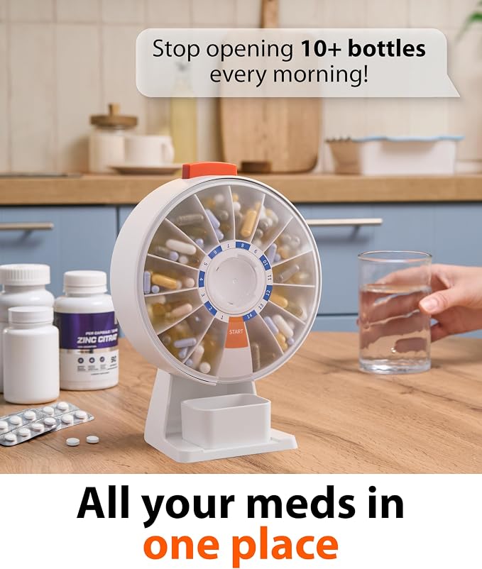 Pill Dispenser 14 Day – Rotating Medicine Organizer Wheel with Push Button, Wall Mounted or Desktop Manual Pill Dispenser for Elderly & Seniors, Large Capacity Vitamin & Medication Organizer