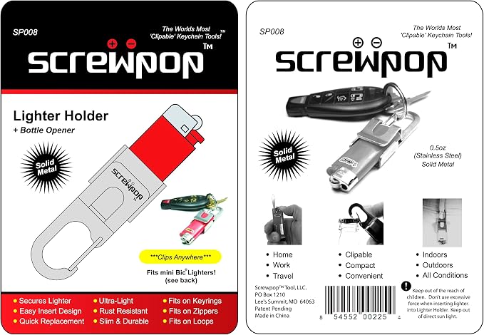 Screwpop Bic MINI Lighter Holder Keychain Multi Tool with Carabiner Clip and Bottle Opener Stainless Steel Construction (Lighter Not Included)