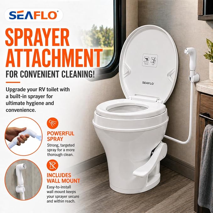 SEAFLO RV Toilet with Sprayer Attachment - White, 18.4” Residential Height, Gravity Flush Foot Pedal Camper Toilet Soft Close Seat Elongated Bowl Motorhome, 4-Year Warranty, SFRTPH-01-02