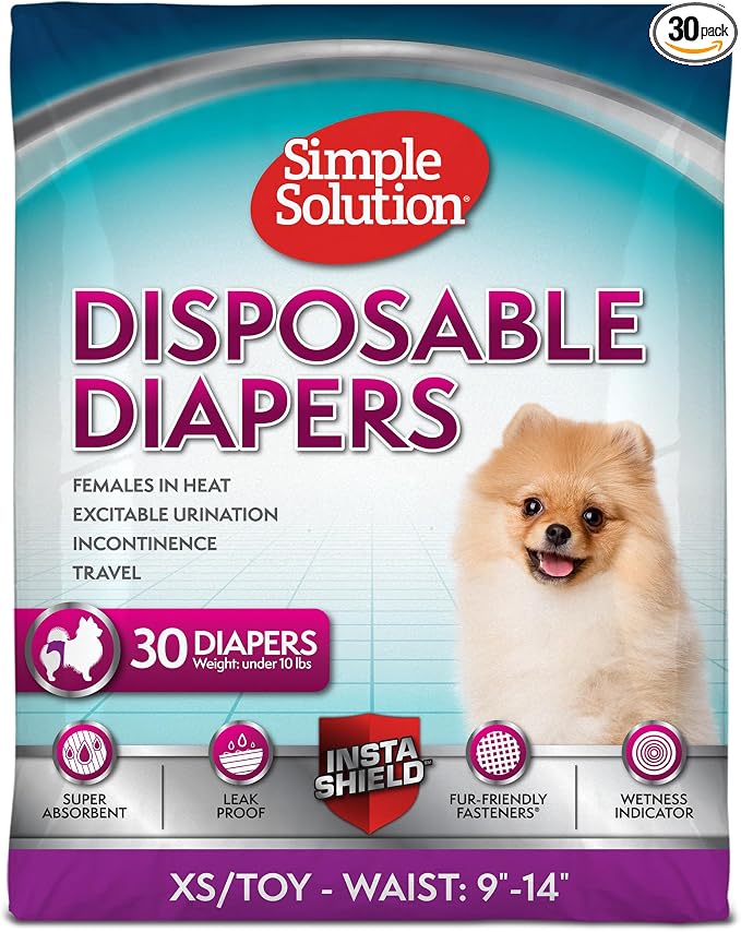 Simple Solution Female Dog Diapers, Disposable Dog Diapers, XS/Toy, 30 Ct | Dog in Heat, Potty Training, Incontinence Support, Leak Proof, Puppy Training, Disposable Protection, Secure Fit, 9-14 Inch
