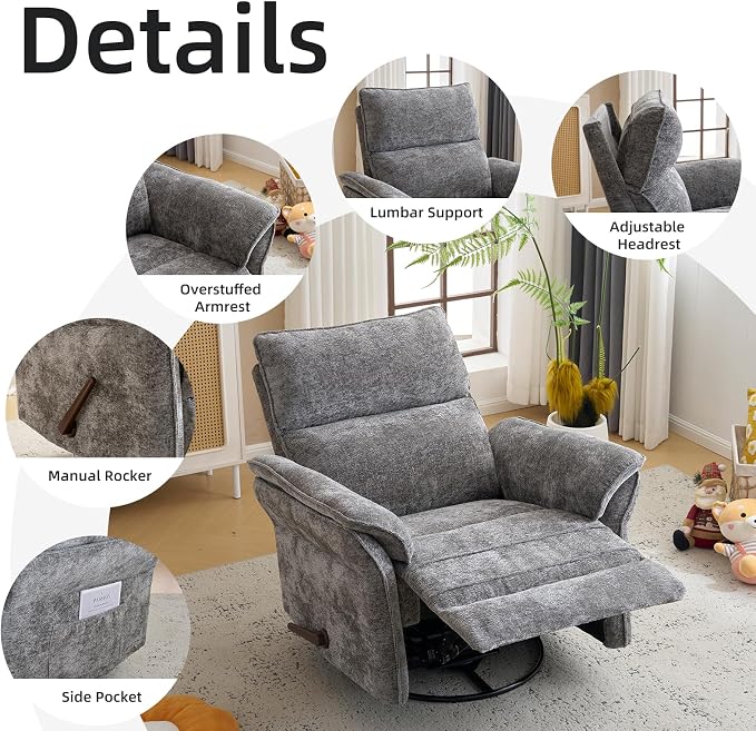 Oversized Glider Rocker Recliner, 24" Extra Wide 360° Swivel Nursery Recliner with Adjustable Headrest, Chenille Rocking Nursery Chair with Overstuffed Armrest, Lumbar Support, Dark Grey