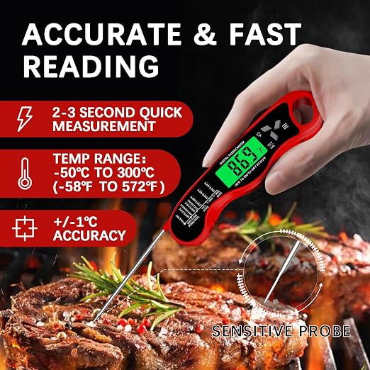 Cooking Thermometer，IP67 Waterproof Meat Thermometer Digital | Backlight，Magnetic attraction，Hold Function，Instant Read，LED screen，for Cooking,Outdoor Grilling