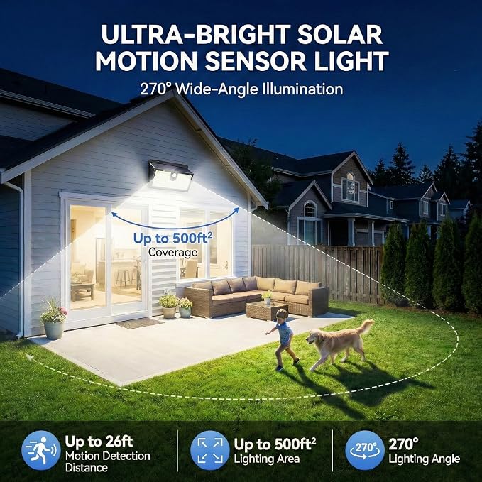 Solar Flood Lights Outdoor Motion Sensor, 452 LED Solar Security Lights with 26FT PIR Sensor, 270° Wide Angle, 30% Solar Conversion, IP65 Waterproof, 3 Modes for Yard Garage Fence Patio, 2 Pack