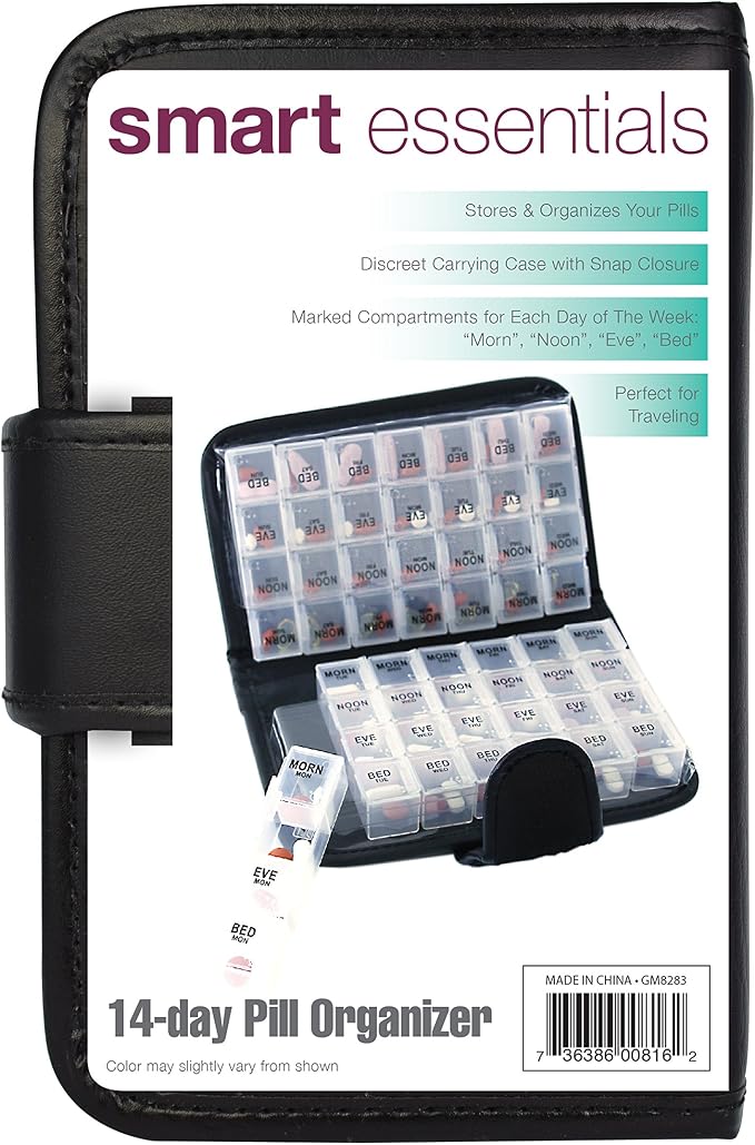 Smart Essentials 14 Day Pill & Vitamin Organizer 2 Weeks AM/PM 4 Doses a Day Travel Case Handy & Portable, Black, GM8283