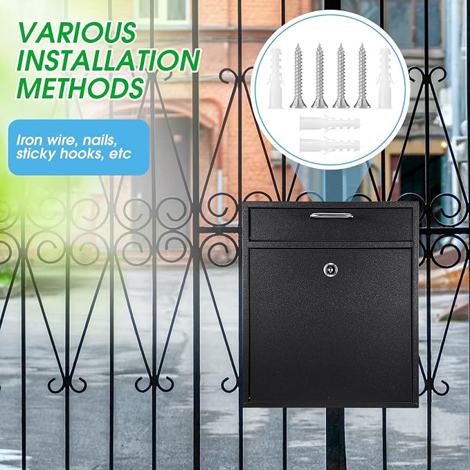 Yaocom Locking Mailbox with Key for Outdoor 12 x 10.5 x 4.7 Inches Large Wall Mount Mail Box with Lock Security Mail Drop Metal Collection Boxes Hanging Secure Postbox(Black)