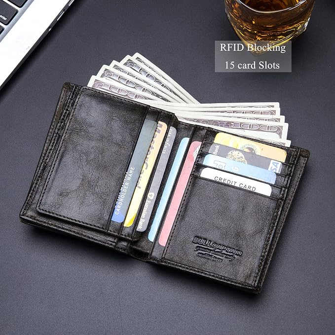 BULLCAPTAIN Large Capacity Genuine Leather Wallet for Men QB-027 | Bifold Wallet,RFID Blocking,Credit Card Holder,15 Card Slots,Special Expandable Design,gift choice