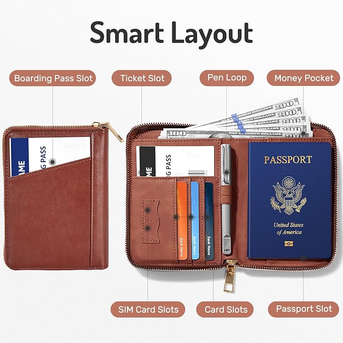 Forvencer Safe Zipper Passport Holder Cover, Passport Wallet for Travel | Sleek RFID Blocking Passport Book, Waterproof Travel Accessories for Women Men, Brown
