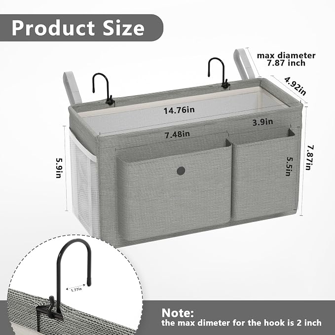 Bedside Caddy Bedside Storage Hanging Organizer for Bunk Dorm Bed Rail | Bed Caddy with Hooks, Top Bunks and Dorm Essentials for Water, Tissues, Tablets, Books, Phones, Remotes and Other Necessories