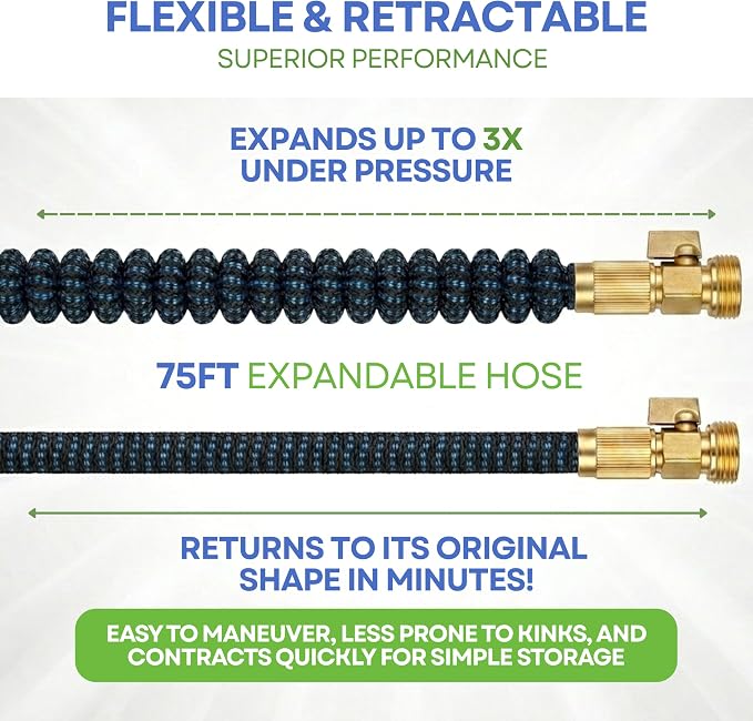 J&B XpandaHose 75ft Expandable Garden Hose, Lightweight, Brass Connectors | Ultra Strong 3750D fabric, 4-layer latex core, expands 3X, kink & leak-resistant, 10-pattern nozzle, storage bag