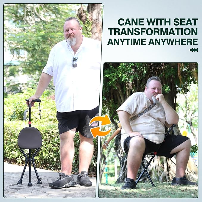 Walking Cane with Seat Holding 400lbs – Folding Lightweight Walking Cane Chair for Seniors, Adjustable Height 32"-36", Heavy-Duty 3-Legged Cane Stool for Men Women (Black)