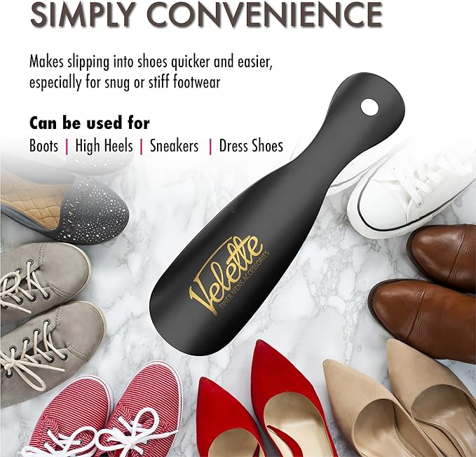 Velette Metal Shoehorn - 2 Pack 7.5" Long Shoe Horn, Travel Shoe Horn for Kids, Men & Women - Stainless Steel Shoes Helper, Spoon, Travel Size Shoehorn for Boots, Shoes, Sneakers & Heels - Black