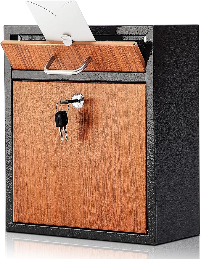 Yaocom Locking Mailbox with Key for Outdoor 12 x 10.5 x 4.7 Inches Large Wall Mount Mail Box with Lock Security Mail Drop Metal Collection Boxes Hanging Secure Postbox(Wooden)