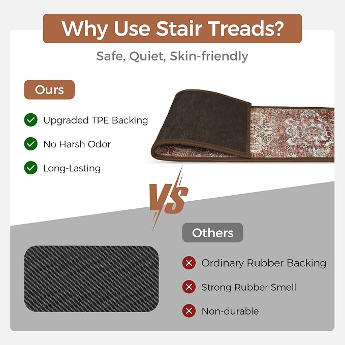 sarben 8"x30" Non Slip Stair Treads for Wooden Steps 15 Pack, Brick | Peel and Stick Carpet Stair Runner with TPE Adhesive Backing, Carpet for Added Safety, Pet and Senior Friendly