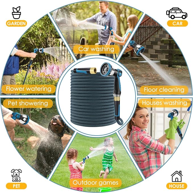 Non-Expandable Garden Hose 50 FT, Lightweight Hose with 10 Function Spray Nozzle, Kink-Free Flexible Water Hose, Durable, Leak-Proof, 360° Swivel Connectors, Portable Storage Strap