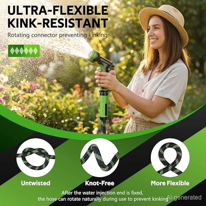 NON-EXPANDABLE Garden Hose 25 FT Water Hose with 10-Function Spray Nozzle | Yard hose Heavy Duty Steel Metal Flexible,Durable Fabric Skin,No Kinks & Leak-Proof with Upgraded Handle hose pipe outside