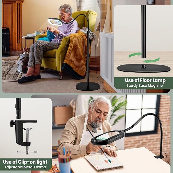 12X Magnifying Glass with Light and Stand, Rectangular Real Glass Lens, 5 Color Modes, Stepless Dimmable, 24" Flexible Gooseneck 3-in-1 Floor Lamp, Lighted Magnifier Hands Free for Craft Hobby Reading