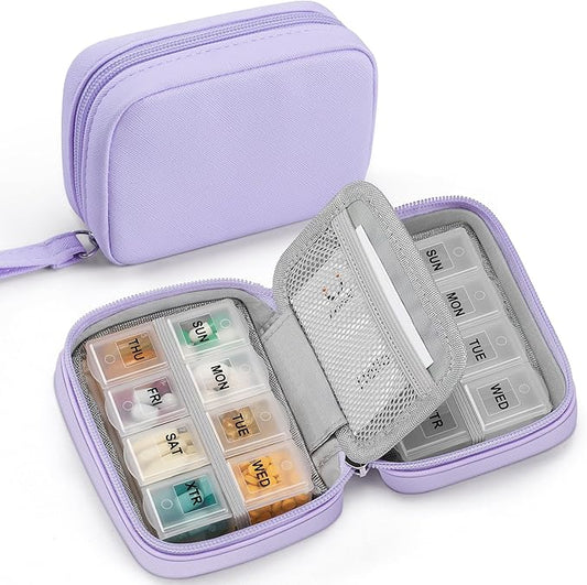 Zannaki Cute Pill Organizer for Purse with Two Removable 7-Day Pill Box, Travel PU Leather Pill Case, Portable Weekly Pill Container with Storage Bag to Hold Vitamins, Fish Oils, Supplements (Purple)