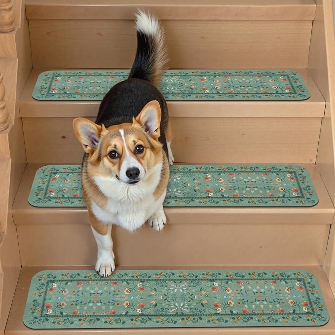 OJIA Non-Slip Stair Runner for Wooden Steps 15PC 30"x8" Carpet Stair Treads | Indoor Floral Stair Treads Carpet Stair Mats Staircase Step Treads for Kids, Elders and Dogs, Stair Covers, Green