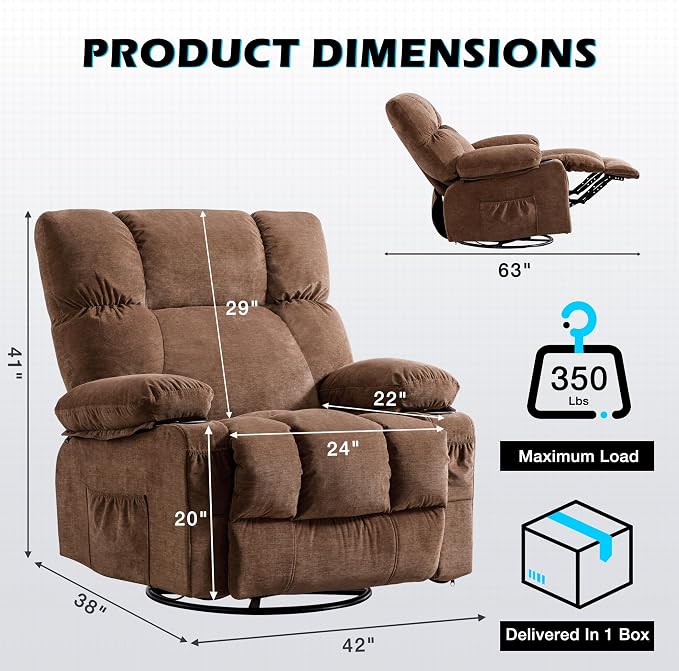MAHOMICO Oversized Recliner Chair with Massage and Heat, 360° Swivel Rocker | Fabric swivel rocker recliner with ergonomic support, USB charging, cup holders and side pocket for living room