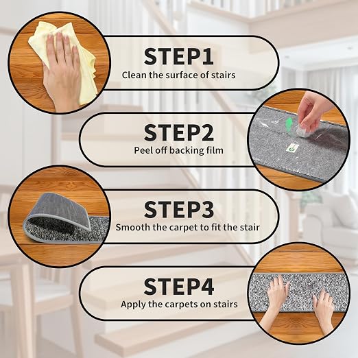 Non-Slip Carpet Stair Treads 1PCS, 30"x30" Peel and Stick Stair Runner for Wooden Steps Indoor, Washable Reusable Adhesive Backing, Pet-Friendly Safety Mats for Kids, Elders, Dogs