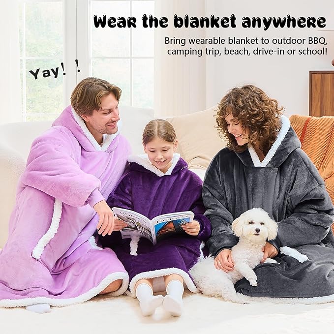 JOYWOO Purple Kids Wearable Blanket Hoodie, Oversized Cat lovers Hoodie Blanket for kids & Teens,Birthday Gifts for Girl Boys,Cozy Fuzzy Sherpa Fleece Blanket Giant Pocket Winter Gifts,Dark Purple