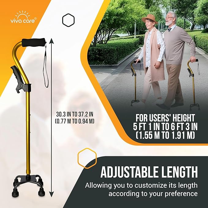 VIVA CARE Walking Cane with 4 Prongs and Extra Side Handle – Adjustable, for Balance & Stability for Adults, Seniors, and Injured.