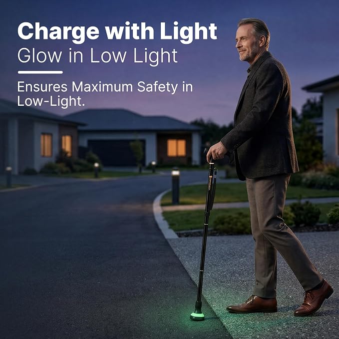 GlowGuard Walking Cane for Men & Women - Extra-Wide 2.68" Glow Cane Tip with Photoluminescent Ring, Height Adjustable (31.1" to 37.8"), 350 lbs Capacity